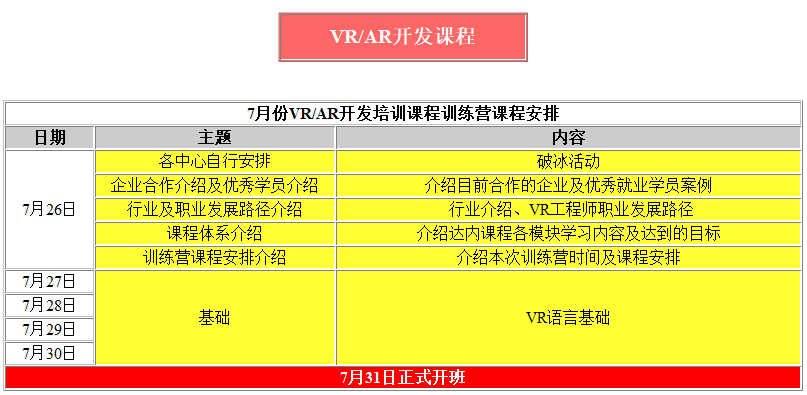 VR開發(fā)免費(fèi)培訓(xùn)課程表