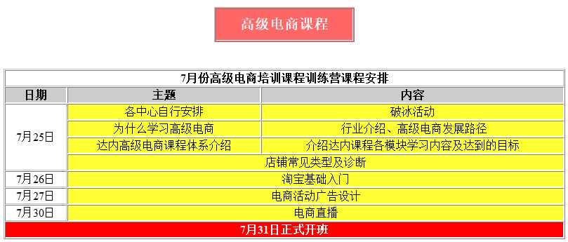 高級電商免費(fèi)培訓(xùn)課程表